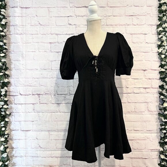 House of Harlow 1960 Black Linen Blend Puff‎ Short Sleeve Fit Flare Mini Dress - Picture 1 of 12